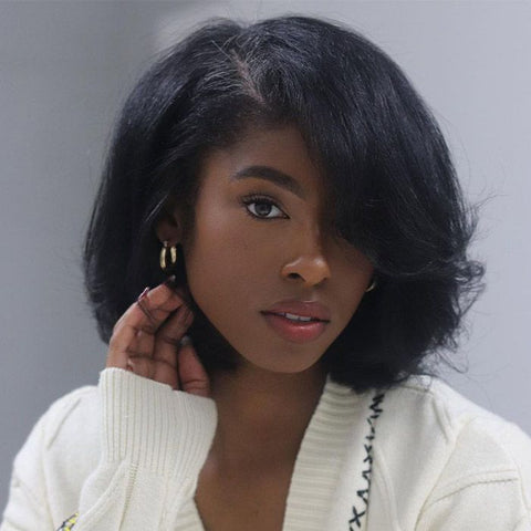 Glueless Layered Cut Yaki Bob Wigs With Bangs Lace Front Wig Best Human Hair Wigs