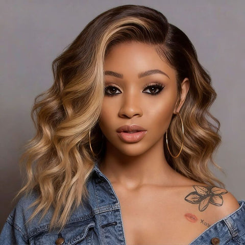 Short Bob Wigs with Side Part Brown with Blonde Highlights Lace Front Human Hair Wigs