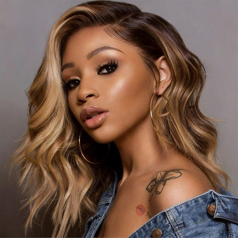 Short Bob Wigs with Side Part Brown with Blonde Highlights Lace Front Human Hair Wigs