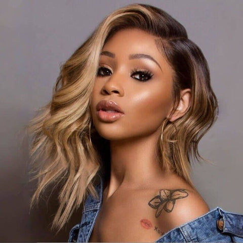 Short Bob Wigs with Side Part Brown with Blonde Highlights Lace Front Human Hair Wigs