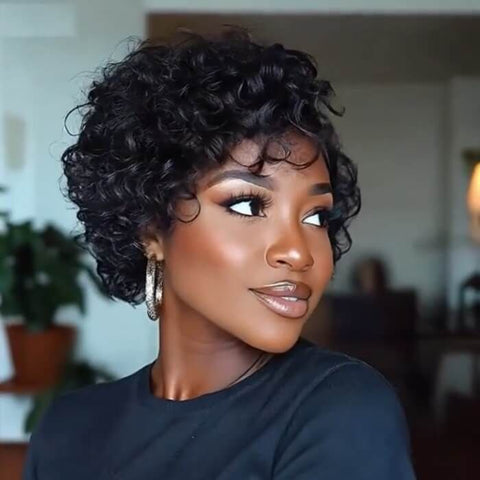 Short Curly Wig Pixie Cut Bob Wigs with Side Part Lace Front Human Hair Wigs