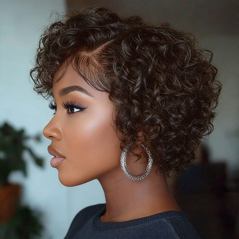 Short Curly Wig Pixie Cut Bob Wigs with Side Part Lace Front Human Hair Wigs