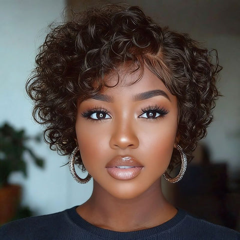 Short Curly Wig Pixie Cut Bob Wigs with Side Part Lace Front Human Hair Wigs