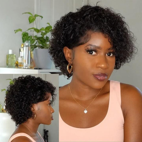 Short Curly Wig Pixie Cut Bob Wigs with Side Part Lace Front Human Hair Wigs