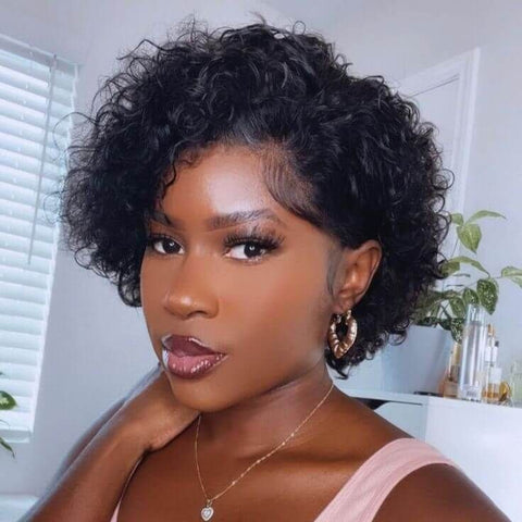 Short Curly Wig Pixie Cut Bob Wigs with Side Part Lace Front Human Hair Wigs