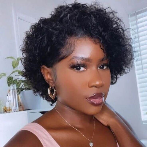 Short Curly Wig Pixie Cut Bob Wigs with Side Part Lace Front Human Hair Wigs