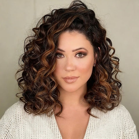 Loose Deep Brown Highlight Curly Bob Wigs Lace Front Human Hair Wigs