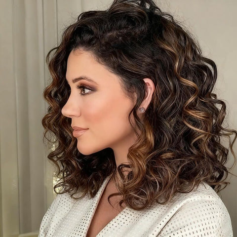 Loose Deep Brown Highlight Curly Bob Wigs Lace Front Human Hair Wigs