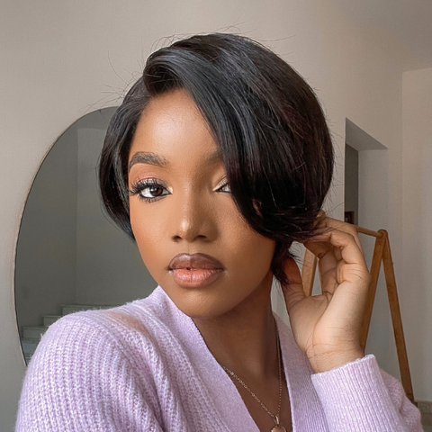 Mature Boss Natural Black Pixie Cut Glueless 13x4 Frontal Lace C Part Short Wig 100% Human Hair
