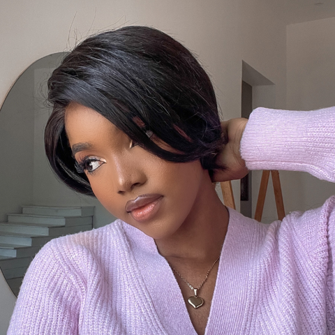 Mature Boss Natural Black Pixie Cut Glueless 13x4 Frontal Lace C Part Short Wig 100% Human Hair