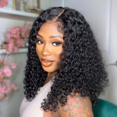 Natural Black Deep Wave / Loose Wave Minimalist HD Lace Short Wig 100% Human Hair