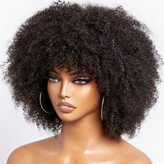 Newbie Only | Throw On & Go Jerry Curly No Lace Glueless Short Wig with Bangs 100% Human Hair