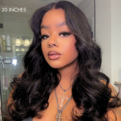 Natural Black Body Wave 4x4 Closure Lace Glueless Mid Part Long Wig 100% Human Hair
