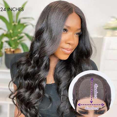 Natural Black Body Wave 4x4 Closure Lace Glueless Mid Part Long Wig 100% Human Hair