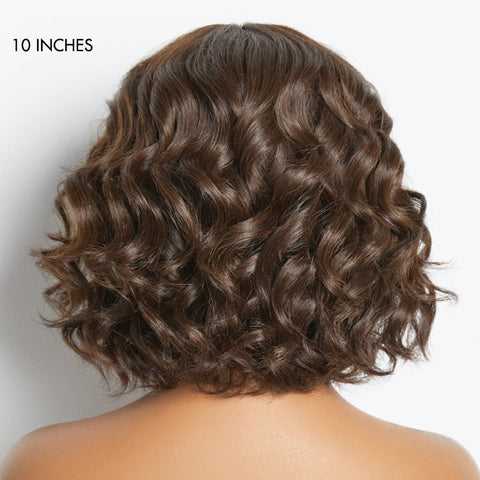 Beginner Friendly Brown Loose Wave Glueless Minimalist Lace Shoulder Length Wavy Bob Wig with Bangs
