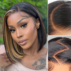 PreMax Wigs | Super Natural Hairline Blonde Highlight Blunt Bob Glueless 13x4 Frontal Lace Short Wig
