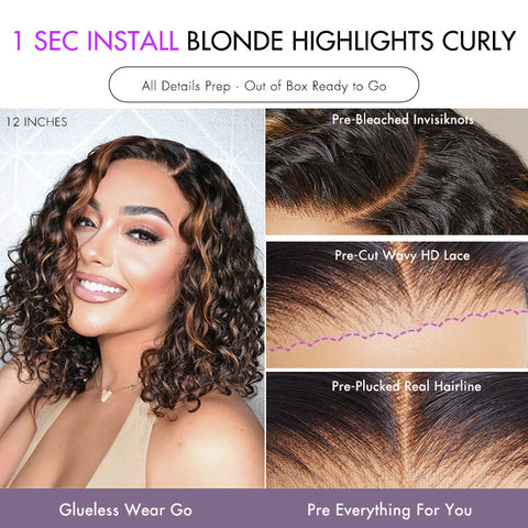 1 SEC INSTALL WIG | Casual Blonde Highlights Funmi Curly Glueless Minimalist HD Lace Short Curly Wig