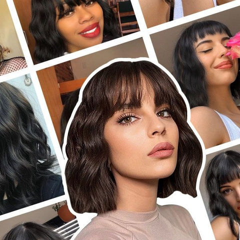 Chocolate Brown Short Wave Bob Wigs With Bangs Closure Lace Human Hair Wigs