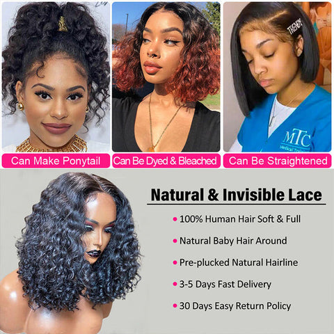 Natural Black Curly Bob Wig Pre Plucked 13x4 Lace Front Human Hair Wigs Smart Curly Pixiecut Wig