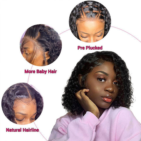 Natural Black Curly Bob Wig Pre Plucked 13x4 Lace Front Human Hair Wigs Smart Curly Pixiecut Wig