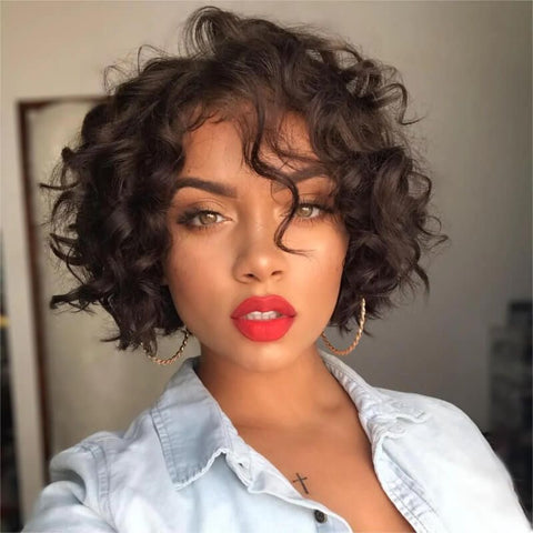 Glueless Brown Curly Bob Wigs With Bangs Lace Front Human Hair Wigs