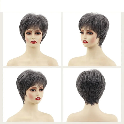 100% Human Hair Short Wig 4 Inch 150% Density Full Machine Made Light Gray Pixie Cut Wig Natural Looking For Daily Use