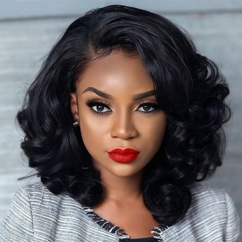 Loose Wavy Bob Wigs with Side Part Glueless Lace Front Human Hair Wigs