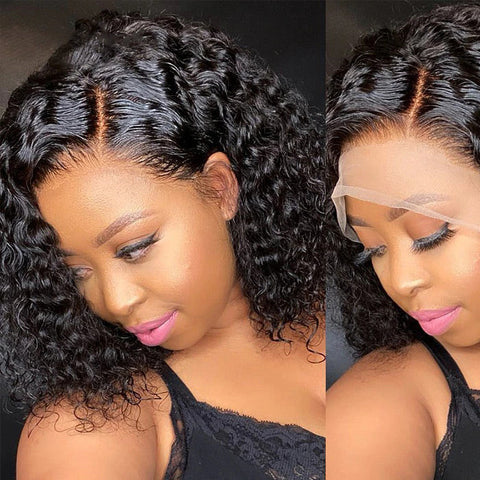 Natural Black Curly Bob Wig Pre Plucked 13x4 Lace Front Human Hair Wigs Smart Curly Pixiecut Wig