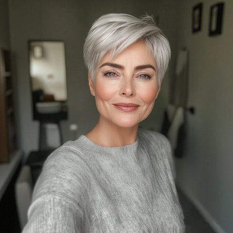 Silver Gray Pixie cut Wigs Human Hair Grey Pixie Cut with Straight Layered Hair for Women Short Hair Wig Full Machine-Made Wig