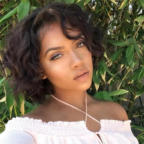 Glueless Brown Curly Bob Wigs With Bangs Lace Front Human Hair Wigs
