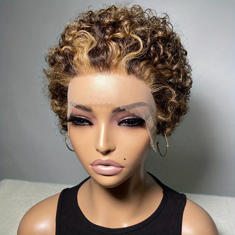 #4/27 Highlight Brown Pixie Curly Bob Wig Lace Front Wig Short Pixie Deep Curly 13x4 Transparent Lace Frontal Wig With Full Lace