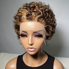 #4/27 Highlight Brown Pixie Curly Bob Wig Lace Front Wig Short Pixie Deep Curly 13x4 Transparent Lace Frontal Wig With Full Lace