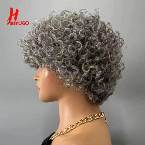 Gray Short Pixie Cut Wigs Human Hair Natural Wave Wigs With Bangs Brazilian Color #51 Gray Glueless Wigs Curly Pixie Cut Wigs