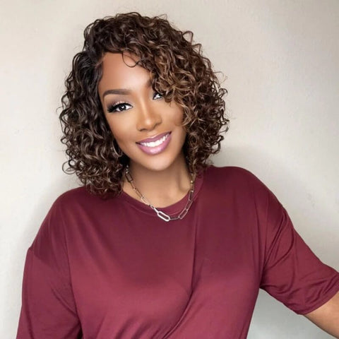 Highlights Loose Curly Closure Lace Short Bob Wig Glueless Human Hair Wigs