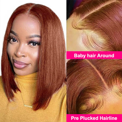 #33 Dark Auburn Remy Straight Bob Red Lace Front  Lucky Pixiecut Wig