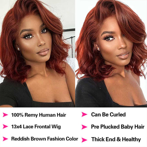 #33 Dark Auburn Remy Straight Bob Red Lace Front  Lucky Pixiecut Wig