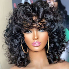 Bouncy Curly Short Bob Wigs With Bangs Glueless Human Hair Wigs