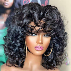 Bouncy Curly Short Bob Wigs With Bangs Glueless Human Hair Wigs