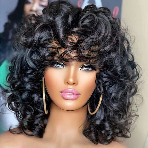 Bouncy Curly Short Bob Wigs With Bangs Glueless Human Hair Wigs
