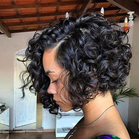 Glueless Short Curly Bob Wigs with Side Part Lace Front Human Hair Wigs