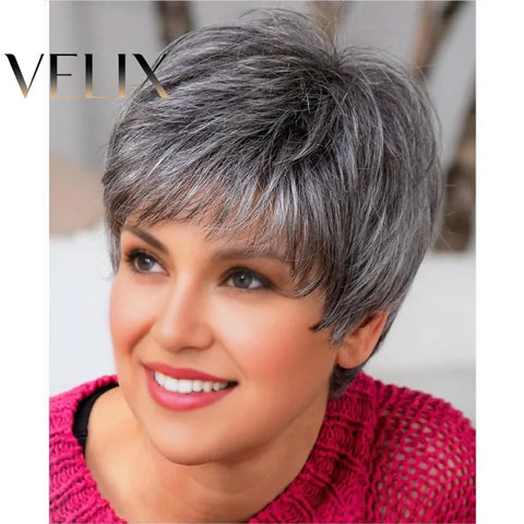 100% Human Hair Short Wig 4 Inch 150% Density Full Machine Made Light Gray Pixie Cut Wig Natural Looking For Daily Use