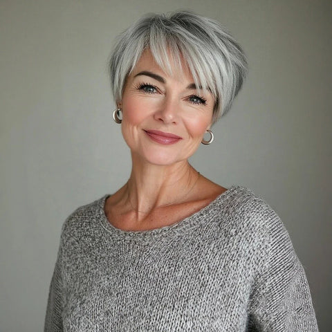Silver Gray Pixie cut Wigs Human Hair Grey Pixie Cut with Straight Layered Hair for Women Short Hair Wig Full Machine-Made Wig