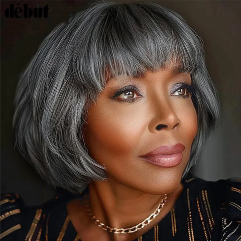 Debut Salt and Pepper Gray Short Pixie Cut Bob 100% Human Hair Wigs For Women Brazilian Remy Hair Full Machine Made Mom Wigs