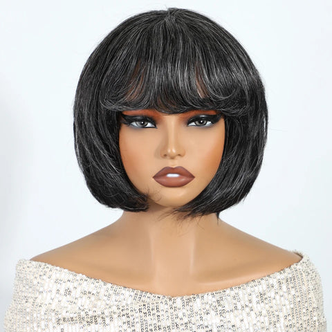 Debut Salt and Pepper Gray Short Pixie Cut Bob 100% Human Hair Wigs For Women Brazilian Remy Hair Full Machine Made Mom Wigs