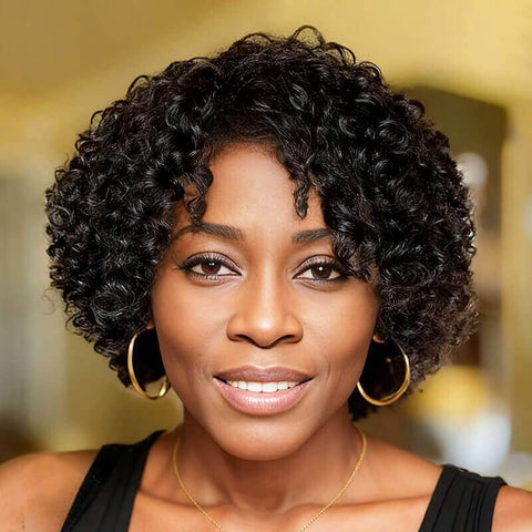 Short Curly Bob Wigs with Side Part Glueless Human Hair Wigs