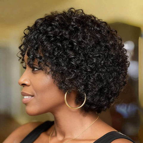 Short Curly Bob Wigs with Side Part Glueless Human Hair Wigs