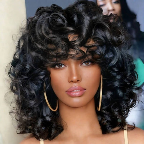 Bouncy Curly Short Bob Wigs With Bangs Glueless Human Hair Wigs