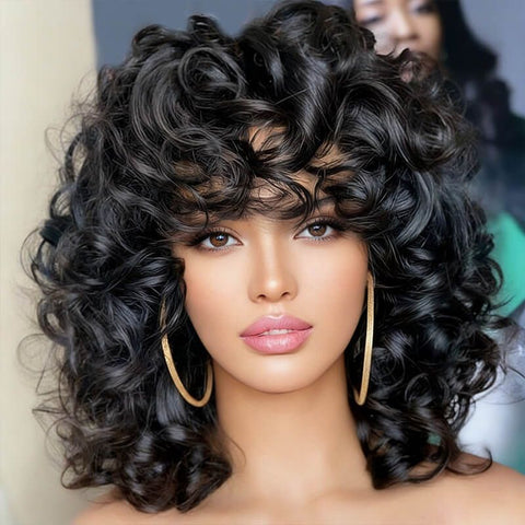 Bouncy Curly Short Bob Wigs With Bangs Glueless Human Hair Wigs