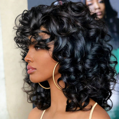 Bouncy Curly Short Bob Wigs With Bangs Glueless Human Hair Wigs