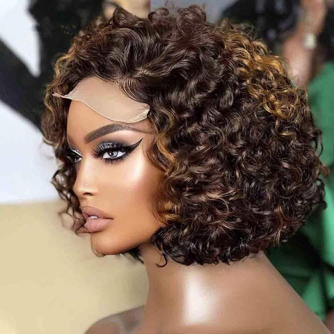Wear Go Glueless Highlight Short Curly Bob Wigs Pre Cut Lace Human Hair Wigs